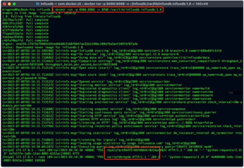 在這個(gè)示例中，我們首先連接到InfluxDB（類似于連接到MySQL數(shù)據(jù)庫），然后創(chuàng)建一個(gè)名為mydb的數(shù)據(jù)庫（類似于在MySQL中創(chuàng)建一個(gè)新的數(shù)據(jù)庫），并切換到創(chuàng)建的數(shù)據(jù)庫（類似于在MySQL中選擇一個(gè)數(shù)據(jù)庫）。接著，我們準(zhǔn)備了一條名為cpu_load的數(shù)據(jù)（在InfluxDB中，measurement相當(dāng)于MySQL中的表名），并為數(shù)據(jù)添加了host和region標(biāo)簽（類似于MySQL中的索引列）。最后，我們將數(shù)據(jù)寫入到InfluxDB中（類似于在MySQL中執(zhí)行INSERT語句）。  執(zhí)行上面的代碼后我們可以看到我們的操作成功了： 圖3