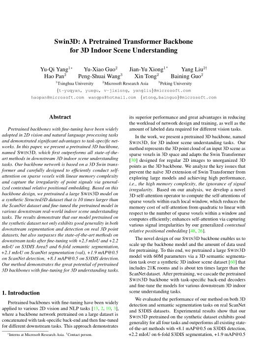 Swin3D：一個用于3D室內場景理解的預先訓練的Transformer主干  PDF 下載 圖1
